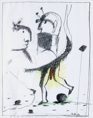 23 - Notto - Figur mit rotem … Mischtechnik auf Papier Rufnummer: 23 Künstler: Notto Titel: Figur mit rotem … Technik: Mischtechnik auf Papier Jahr: 2002 Rufpreis: 200 €