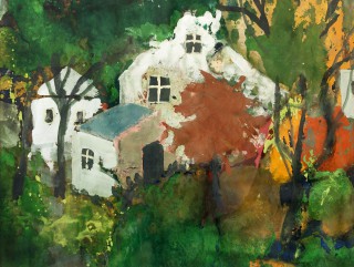 40 - Tomasovsky, Karl - Bäume vor Häusern Tempera auf Papier Rufnummer: 40 Künstler: Karl Tomasovsky Titel: Bäume vor Häusern Technik: Tempera auf Papier Rufpreis: 300 €